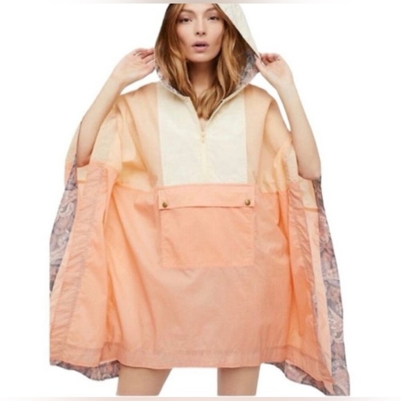 Free People hooded Colorblocked Rain Poncho Parka Jacket - Picture 9 of 10